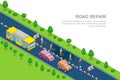 Road repair, roadworks, construction concept. Vector 3D isometric horizontal banner. City road closed for reconstruction