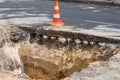 Road repair work and caution with blocked barrier. Royalty Free Stock Photo