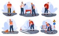 Road repairing industrial workers collection vector flat illustration. Male engineer staff service