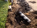 Road repairing works with jackhammer. machine drills asphalt Royalty Free Stock Photo