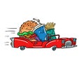 Road restaurant, fast food characters burger drink cola and french fries friends driving car