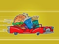 Road restaurant, fast food characters burger drink cola and french fries friends driving car