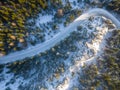 Road and rocks in winter coniferous forest from above