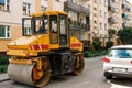 Road roller building the new asphalt road Royalty Free Stock Photo