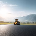 Road roller compacting asphalt on a scenic landscape. Construction equipment and infrastructure development concept. Roadwork Royalty Free Stock Photo