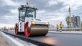Road roller compacting fresh asphalt on a new road construction site with engineers overseeing project progress Royalty Free Stock Photo