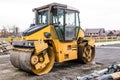 Road roller at contsruction making new layer Royalty Free Stock Photo