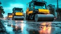 Road rollers paving a wet highway at dusk Royalty Free Stock Photo