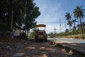 Road rollers working on the new roads construction site. Heavy duty machinery working on highway. Construction equipment