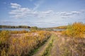 A road in the rural field leading to the lake among lush vegetation. Surroundings colored autumn yellow, red, golden and orange Royalty Free Stock Photo