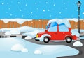 Road scene with car covered by snow