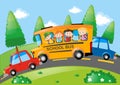 Road scene with children riding on school bus