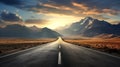 Road through the scenic landscape to the destination, A long straight road path journey towards mountains. Generative ai