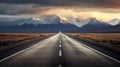 Road through the scenic landscape to the destination, A long straight road path journey towards mountains. Generative ai