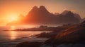 Road by the sea in sunrise time, Lofoten island, generative ai Royalty Free Stock Photo
