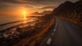 Road by the sea in sunrise time, Lofoten island, Norway, generative ai Royalty Free Stock Photo