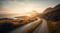 Road by the sea in sunrise time, Lofoten island, Norway, generative ai Royalty Free Stock Photo