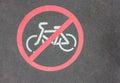 No Biking Allowed. Circular red traffic sign. White bicycle Symbol Painted over gray Asphalt. Signs drawn top view Royalty Free Stock Photo