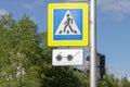 Road sign adjustable pedestrian crossing in blue with a badge for blind pedestrians in the form of black glasses. Royalty Free Stock Photo