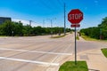 road sign of all way stop. caution red roadsign. traffic sign on the road. attention caution road sign. stop all way Royalty Free Stock Photo