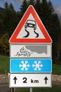 Road sign Attention Danger of slipping in rain and snow