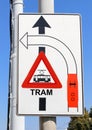 road sign with attention signs of crossing tram tracks