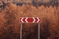 Road sign among autumn forest Royalty Free Stock Photo