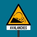 Road sign avalanches. Snowslide or snowslip rapid flow of snow