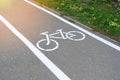 The road sign of the bike path . Drawing of a bicycle with white paint on the asphalt