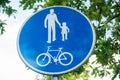 Road sign for bikes and pedestrians. Blue round traffic sign for safety Royalty Free Stock Photo