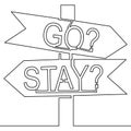 Road sign choice to stay or go on continuous line