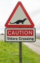 Road sign on a countryside road warning for otters crossing Royalty Free Stock Photo