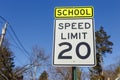 Road sign displaying 20 mph speed limit warning Royalty Free Stock Photo