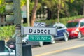 Road sign in downtown San Francisco California that says Duboce for a street or neighborhood in late afternoon shade and Royalty Free Stock Photo