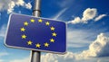 Road Sign with the European Union Flag on Blue Sky with Clouds - Generative Ai Royalty Free Stock Photo