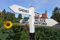 Road sign at Flaunden, Hertfordshire with directions to Latimer, Chesham, Bovingdon, Felden, Chenies, Belsize and Watford Royalty Free Stock Photo