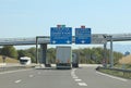 Road sign on the highway with the places French and Italy and indication to MOUNT BLANC Royalty Free Stock Photo