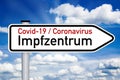 Road sign with medical touchscreen and the german word for covid-19 vaccination center or centre - impfzentrum isolated Royalty Free Stock Photo