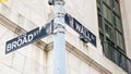 Road sign of New York Wall street corner Broad street. Royalty Free Stock Photo