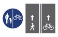 Road sign, pedestrian and bicyclist, vector illustration icon. Circular blue traffic sign. White image on the roadbed