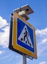 Road sign of a pedestrian crossing equipped with a solar battery