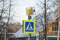 Road sign pedestrian crossing and traffic light from the solar panel Royalty Free Stock Photo