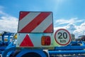 Road sign on a plow trailer speed limit to 20 km per hour Royalty Free Stock Photo