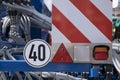 Road sign on a plow trailer speed limit to 20 km per hour Royalty Free Stock Photo