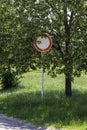 Road sign prohibiting the entry of motor vehicles, which is hidden behind tree branches Royalty Free Stock Photo