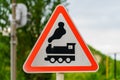Road sign railway crossing without barrier close-up. Background with copy space Royalty Free Stock Photo
