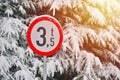 Road Sign: Restriction For Cars With Weight More Than 3,5t. Winter Environment
