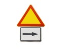 Road sign for right arrow and red triangle sign isolated