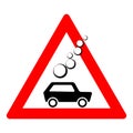 Road sign of rock slide. Rock fall warning sign. Red triangle and silhouette of a black car. Vector illustration Royalty Free Stock Photo