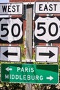 Road sign with Route 50, Paris, Middleburg in Upperville Virginia